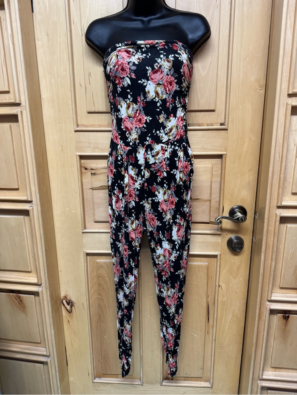 American Dream Black Strapless Floral Jumpsuit with Pink and Cream Blooms